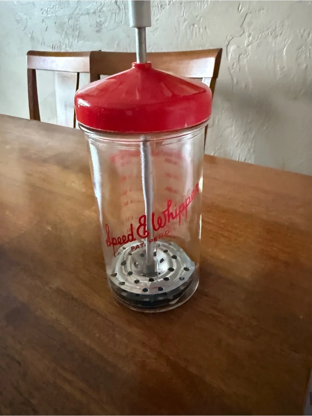 Vintage Speed E Whipper Whip Cream Maker 16 oz Glass Jar with Red Lid and Metal